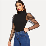 SHEIN Going Out Highstreet Black Mesh Gigot Sleeve High Neck Fitted Tshirt