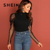 SHEIN Going Out Highstreet Black Mesh Gigot Sleeve High Neck Fitted Tshirt
