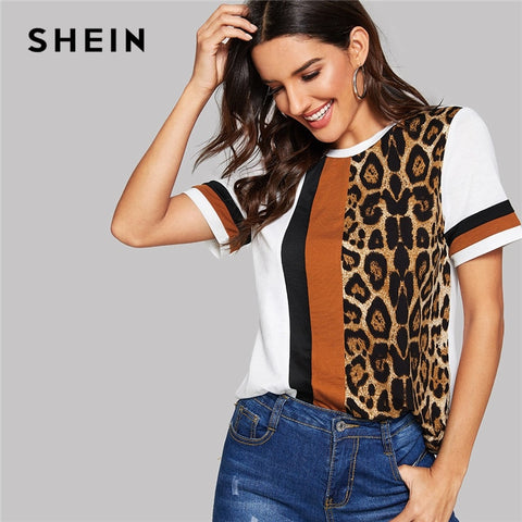 SHEIN White Color Block Cut-and-Sew Leopard Panel T Shirt